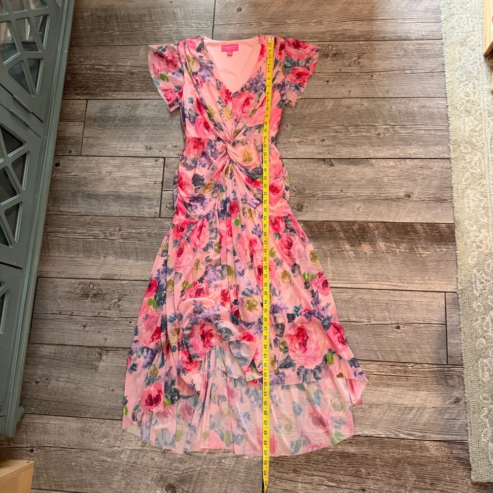 Isaac Mizrahi Live Pink Floral Mesh Twist Front High-Low Midi Dress XXS Rose - Picture 8 of 9